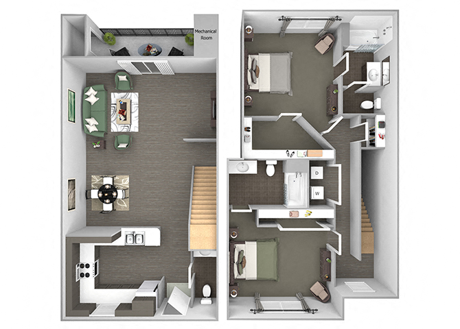 Floor plan for 2 beds, 2.5 baths, 1412 sqft